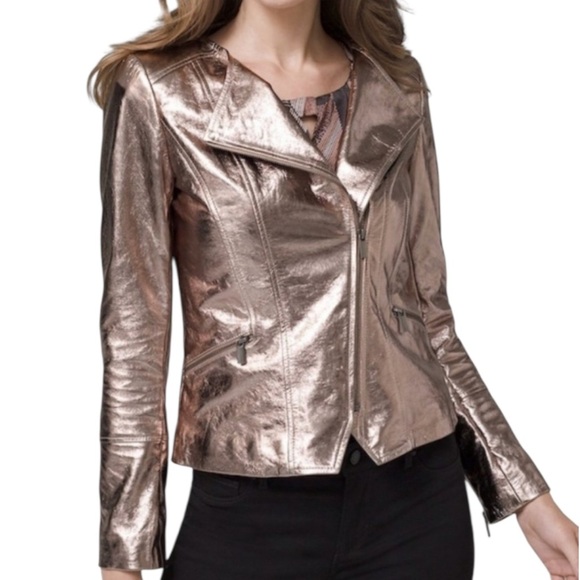 WHBM Metallic Leather Moto Jacket Asymmetric Zip NWT Gold - Picture 2 of 15